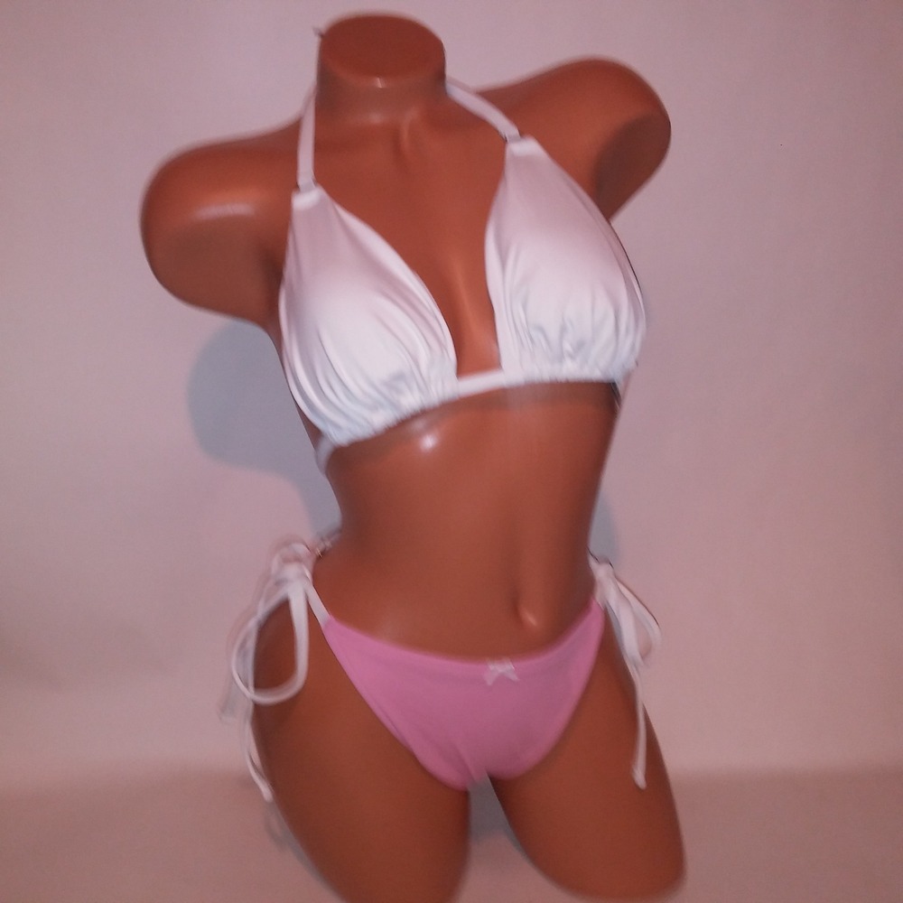 Victoria Secret Swim Bikini Top & Bottom XL Pink White Solid Triangle String New